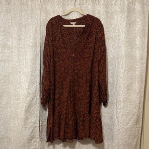 Terra & Sky Rust Brown Printed Long Sleeve V-Neck Dress